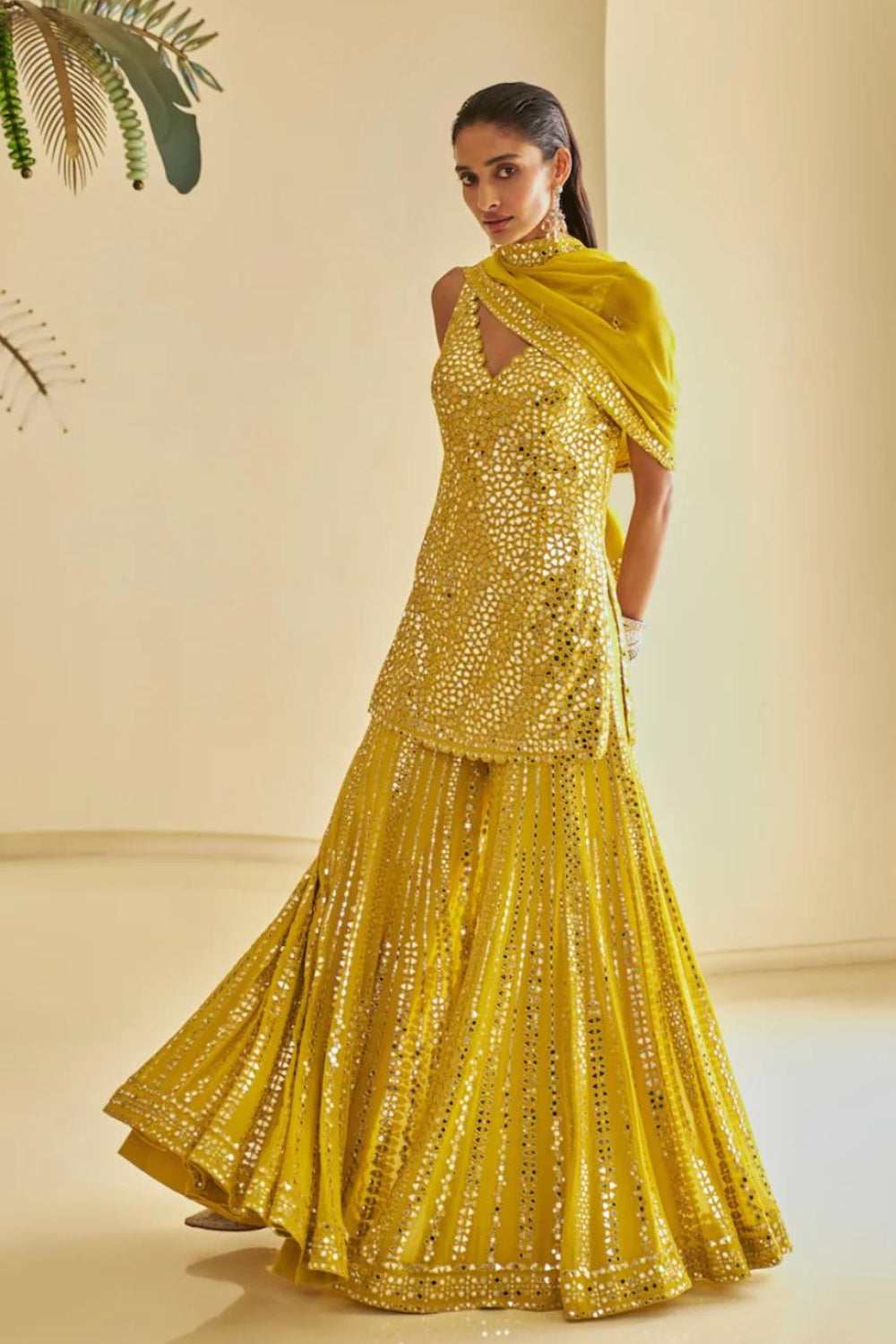 Yellow Mirror Work Sharara Set
