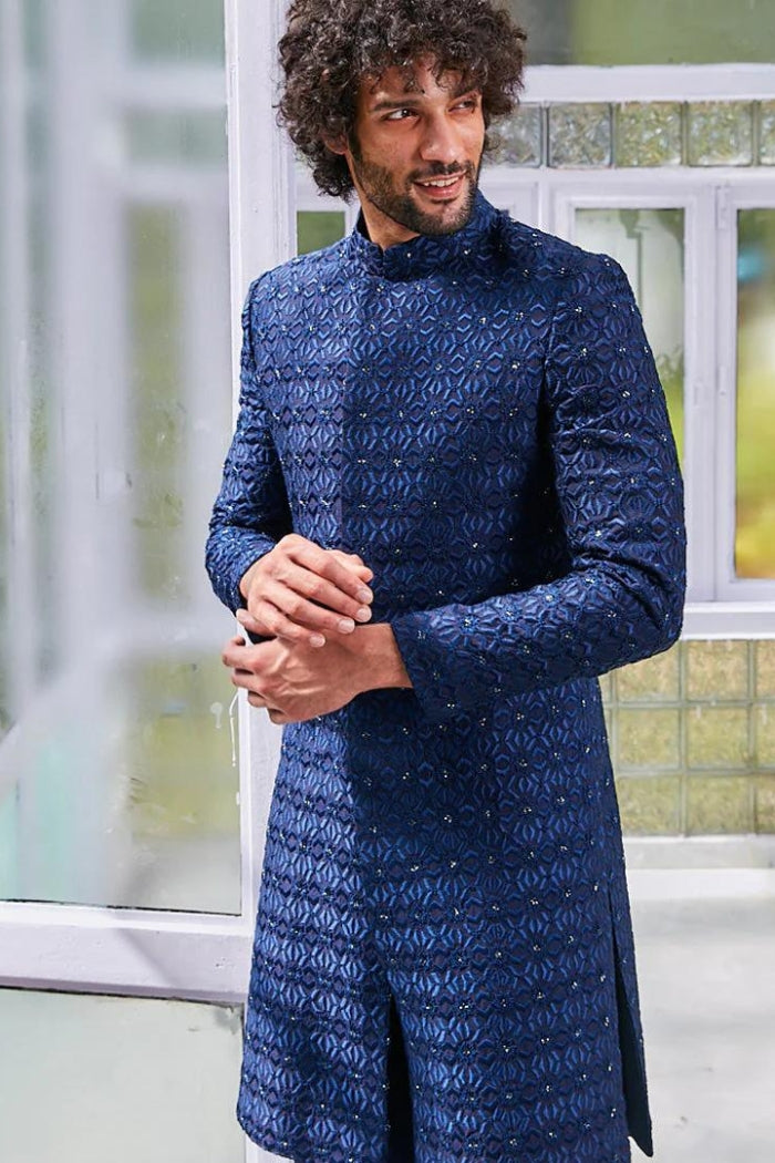 BLUE SHERWANI JACKET WITH SELF GEO EMBROIDERY - Main Image
