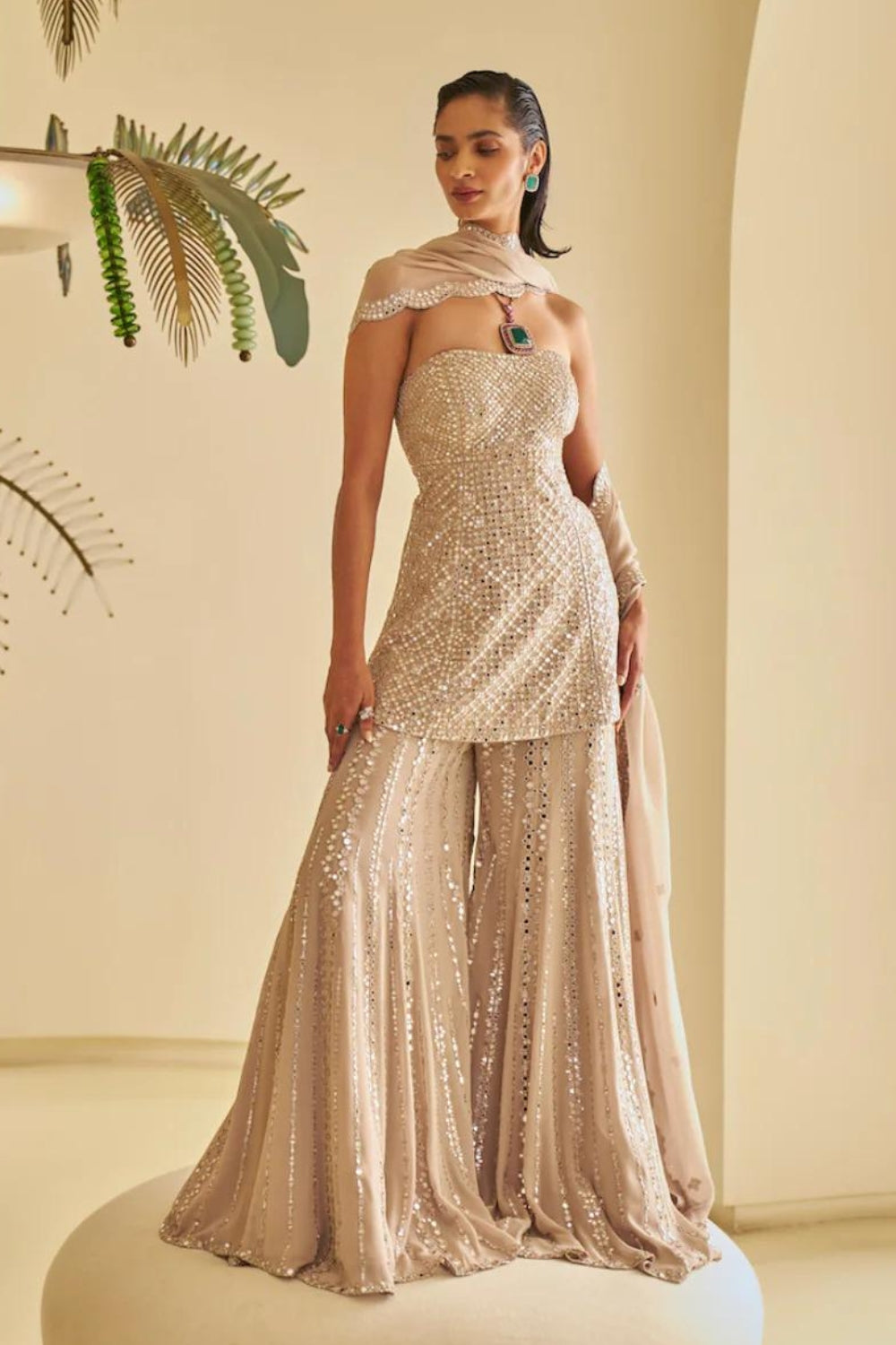 Nude Mirror Work Sharara Set