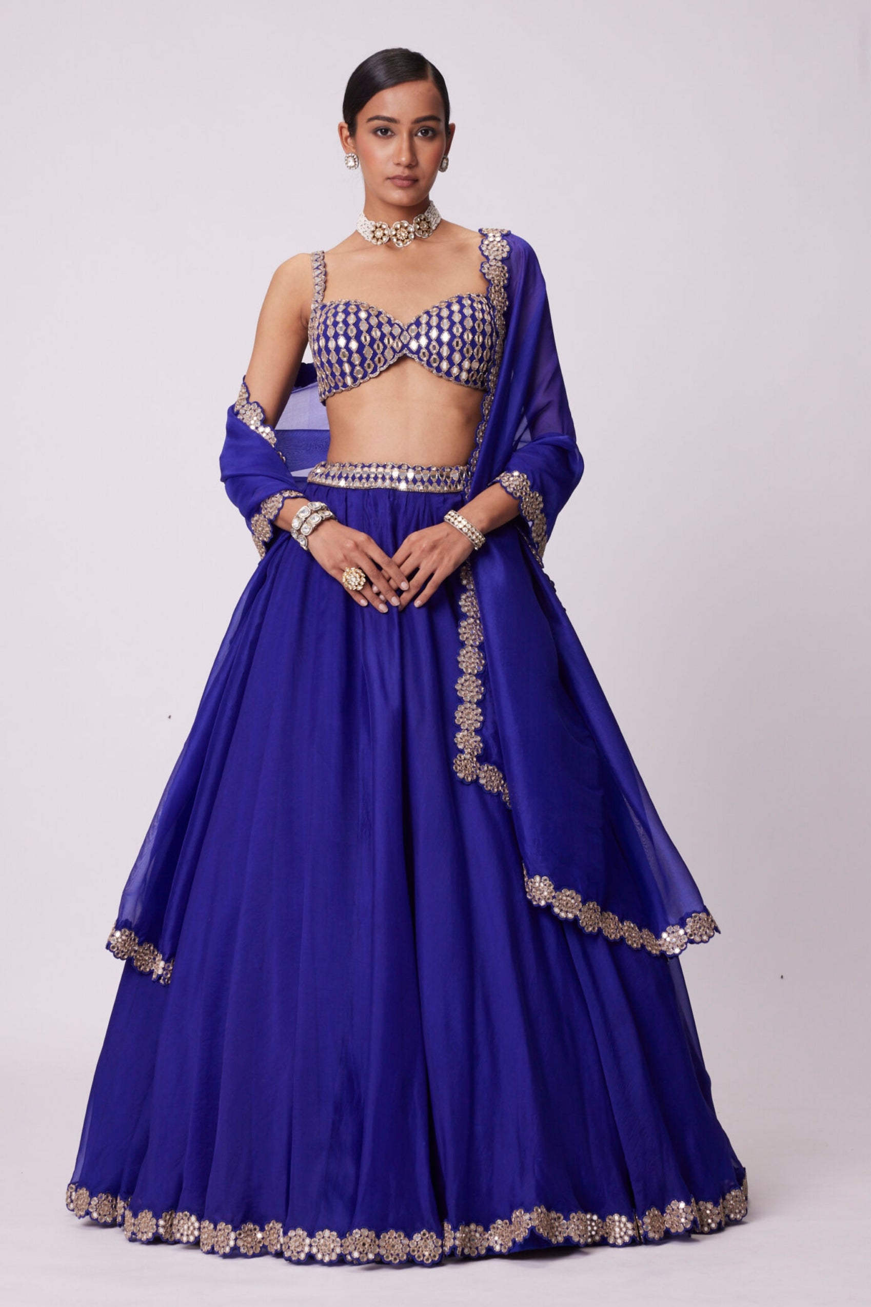Persian Blue Linear Mirror Embroidered Lehenga Set
