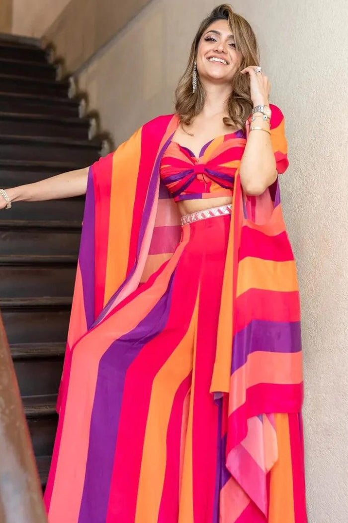 SUNSET STRIPES PRINTED BOX PLEATED PANTS WITH BIKINI BUSTIER & CAPE