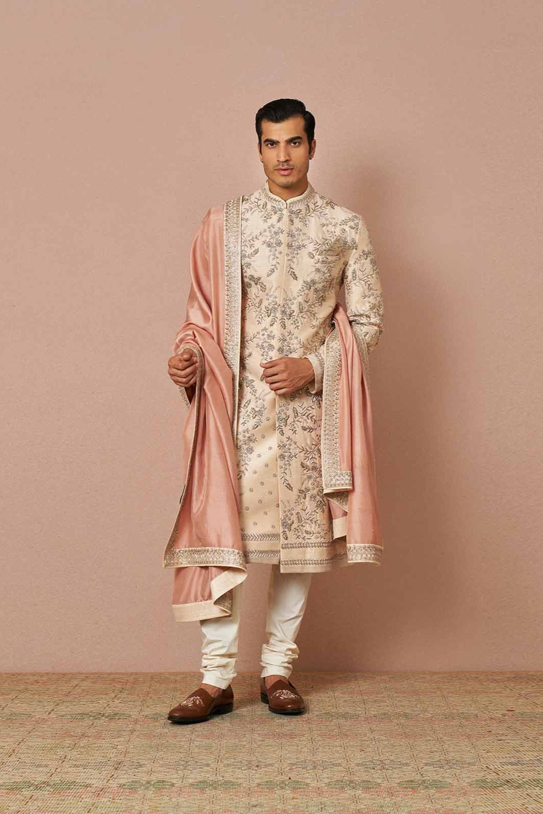 IVORY RAWSILK SHERWANI SET WITH ZARDOSI WORK