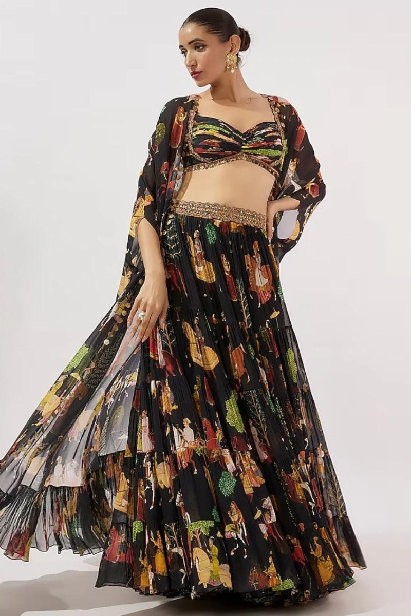 Block Flowy Mughal Printed Cape and Skirt Set 12 / Tall