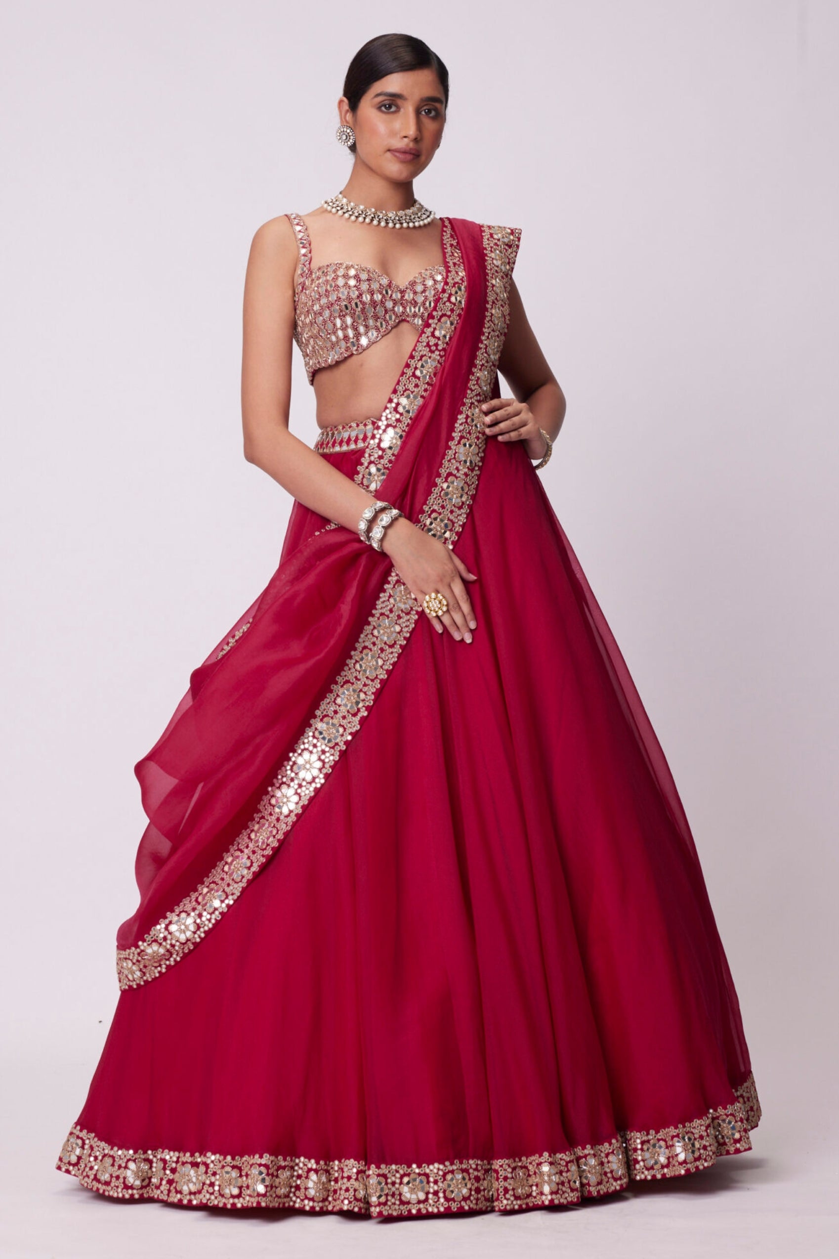 Crimson Red Organza Hand Embroidered Lehenga Set