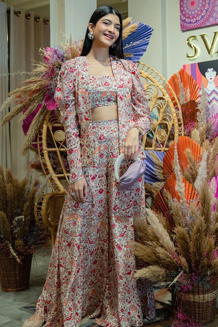 IVORY SAANJH PRINT SHARARA PANTS WITH BUSTIER AND LEG OF MUTTON JACKET IVORY