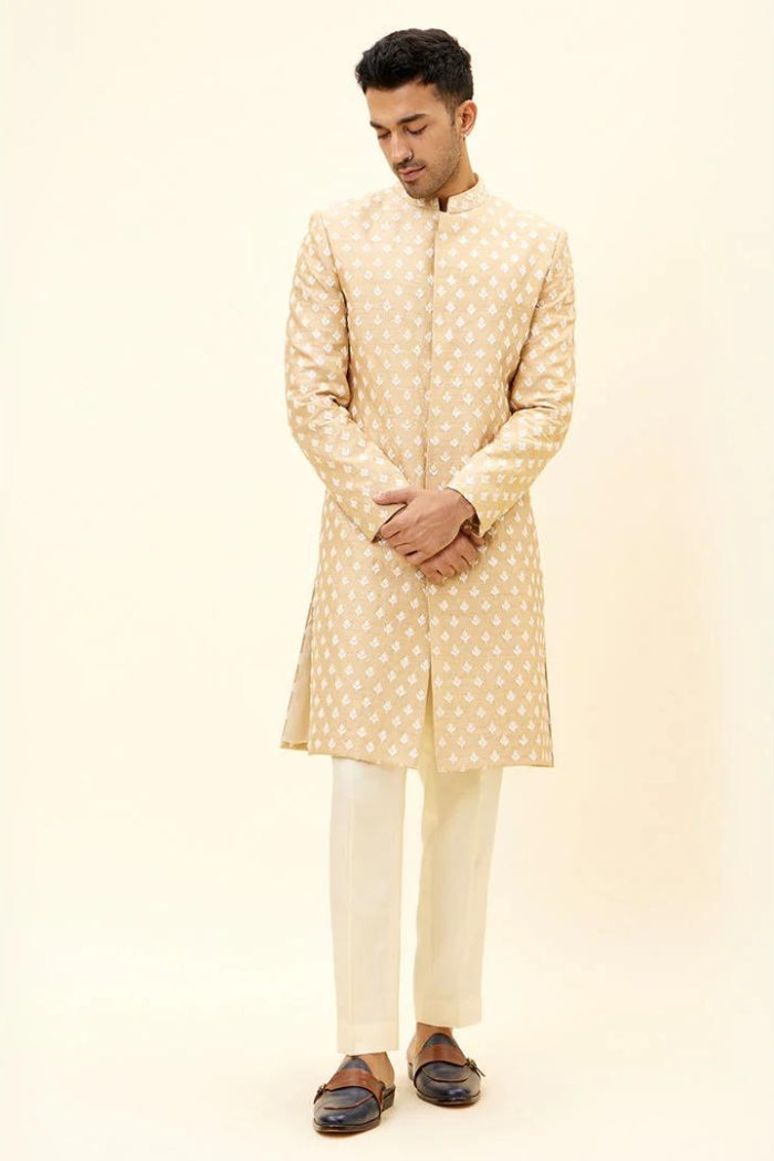 BEIEGE SHERWANI WITH WHITE BUTTI EMB WITH PANTS