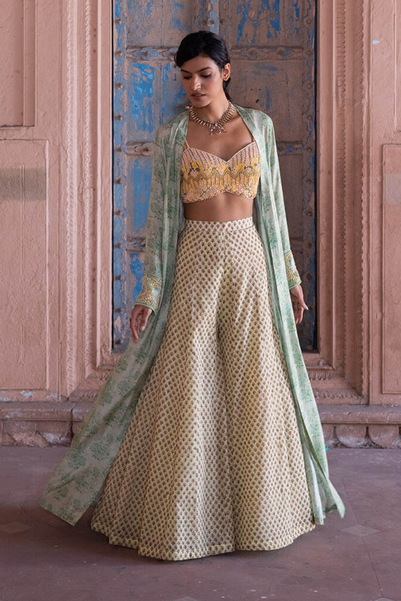 Green Block Printed Cape Set