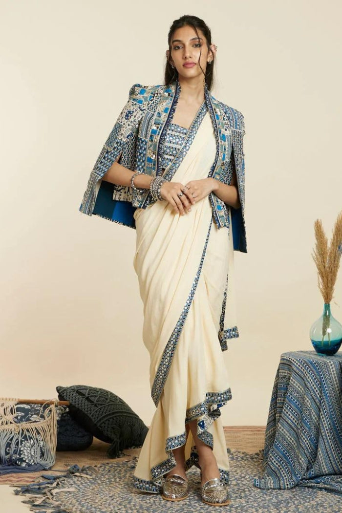 IVORY CASCADE SAREE SET WITH PATCHWORK NOOR JACKET