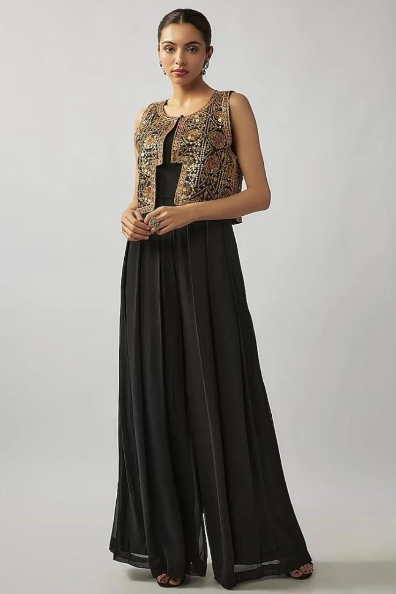 Black Pleated Jumpsuit With Short Jacket
