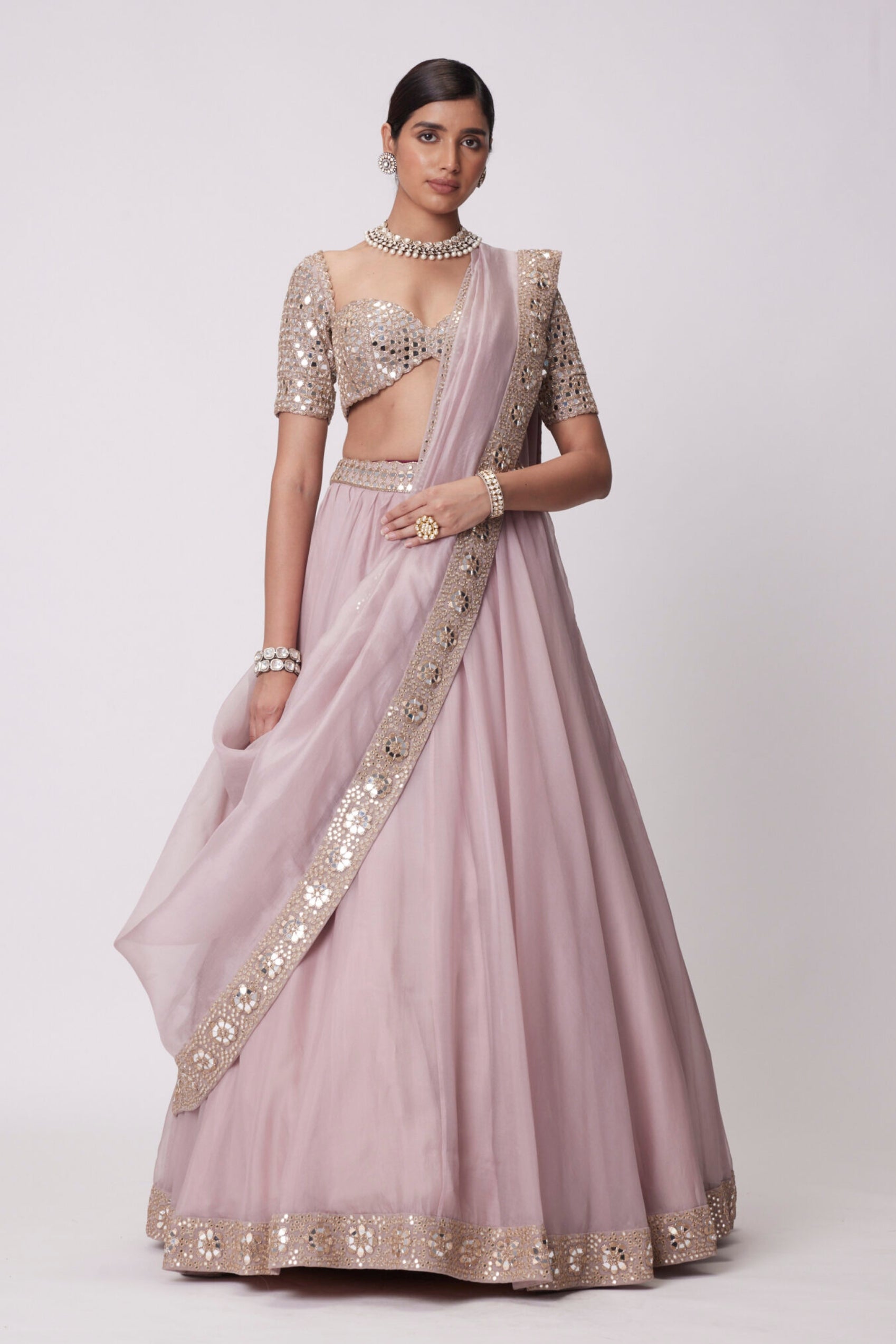 Ash Pink flower Border Organza Lehenga Set