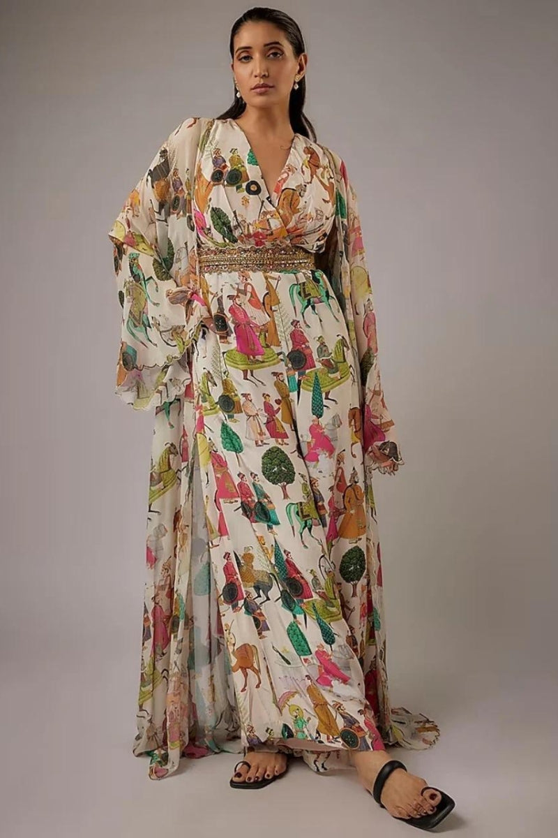 Ivory Printed Jumpsuit With Cape Set