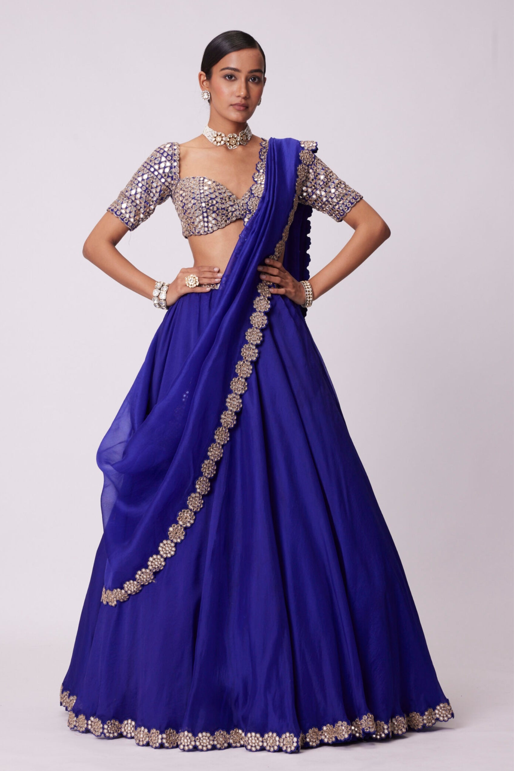 Persian Blue Organza Hand Embroidered Lehenga Set