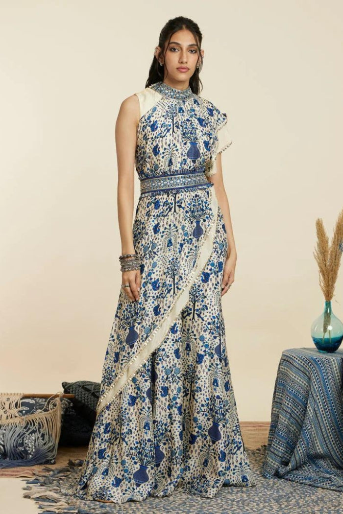 SAFAR BLUE JAAL CROP TOP ATTACHED DRAPE WITH SHARARA PANTS