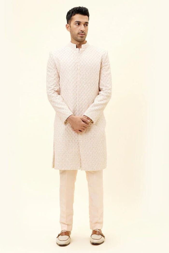 BEIGE SHERWANI WITH DROP DESIGN EMBROIDERY AND PANTS