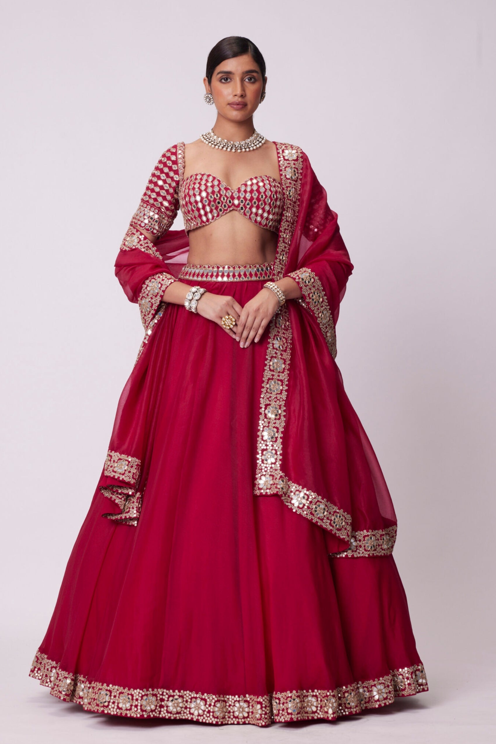 Crimson Red Organza Mirror Lehenga Set