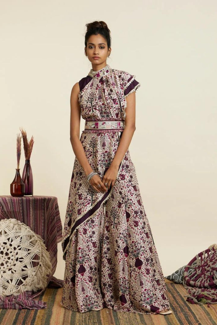 SAFAR MERLOT JAAL CROP TOP ATTACHED DRAPE WITH SHARARA PANTS