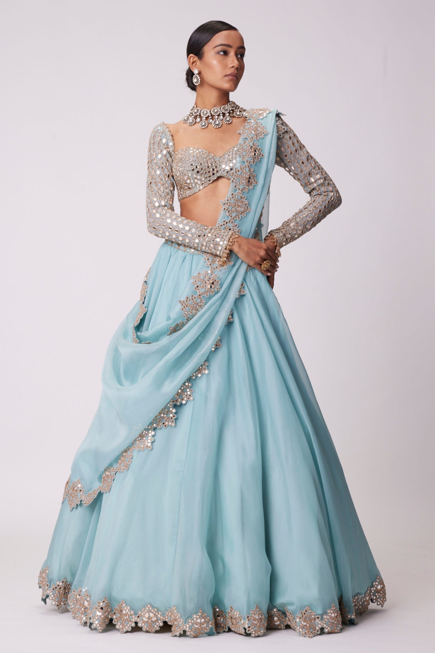 Powder Blue Organza Mirror Embroidered Lehenga Set 6 / Tall