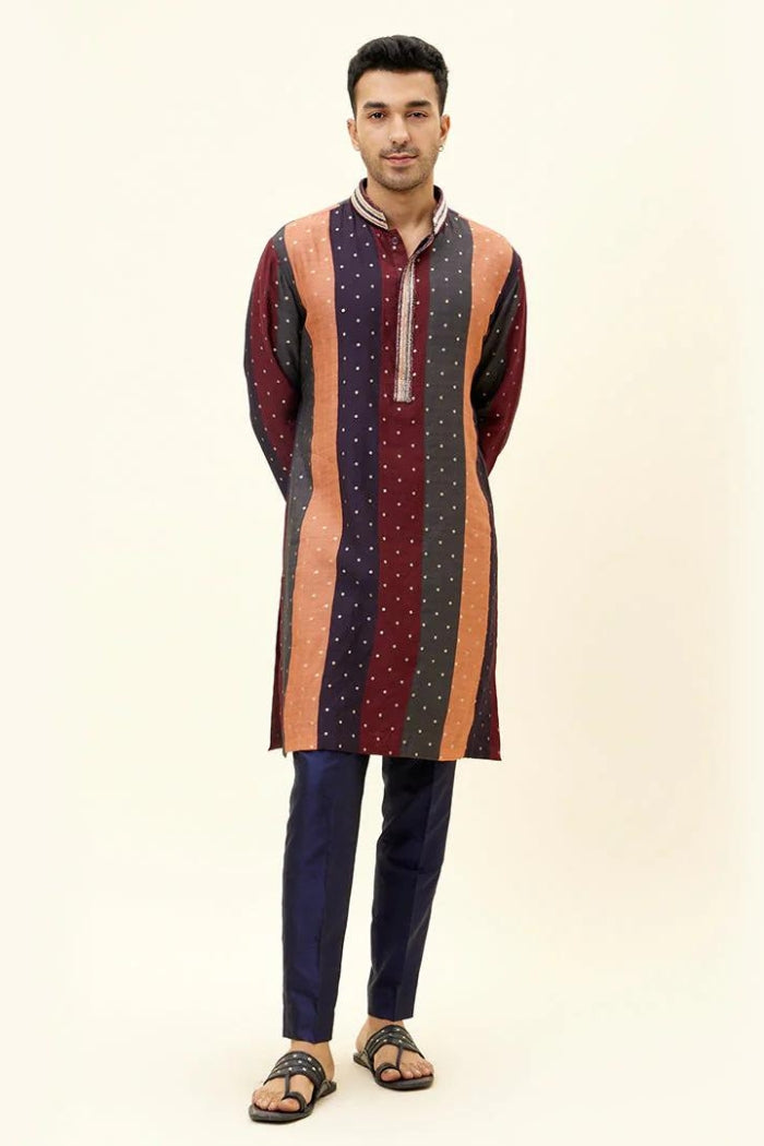 CHANDERI SILK STRIPES PRINT KURTA SET
