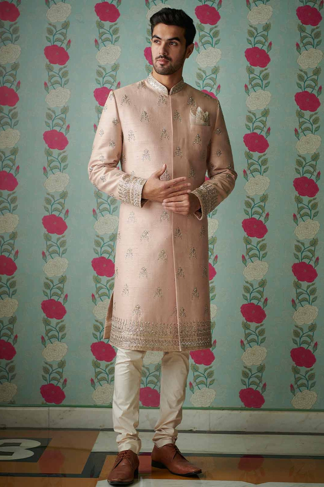PINK RAWSILK BUTTI SHERWANI SET