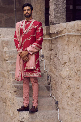 BEIGE SHERWANI WITH DROP DESIGN EMBROIDERY AND PANTS