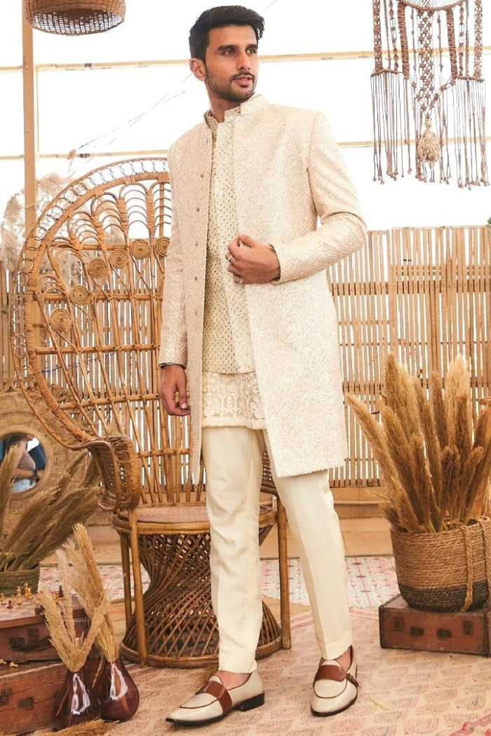 IVORY FRENCH KNOT SHERWANI SET