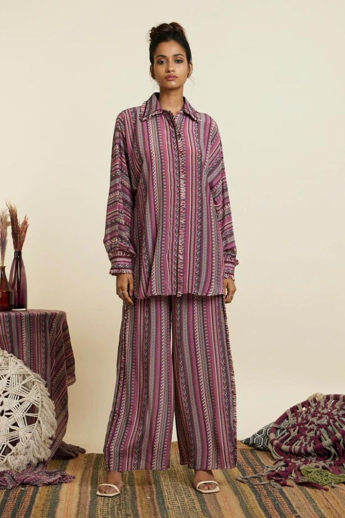 MERLOT BOHO STRIPE PRINT OVERSIZED COORD SET
