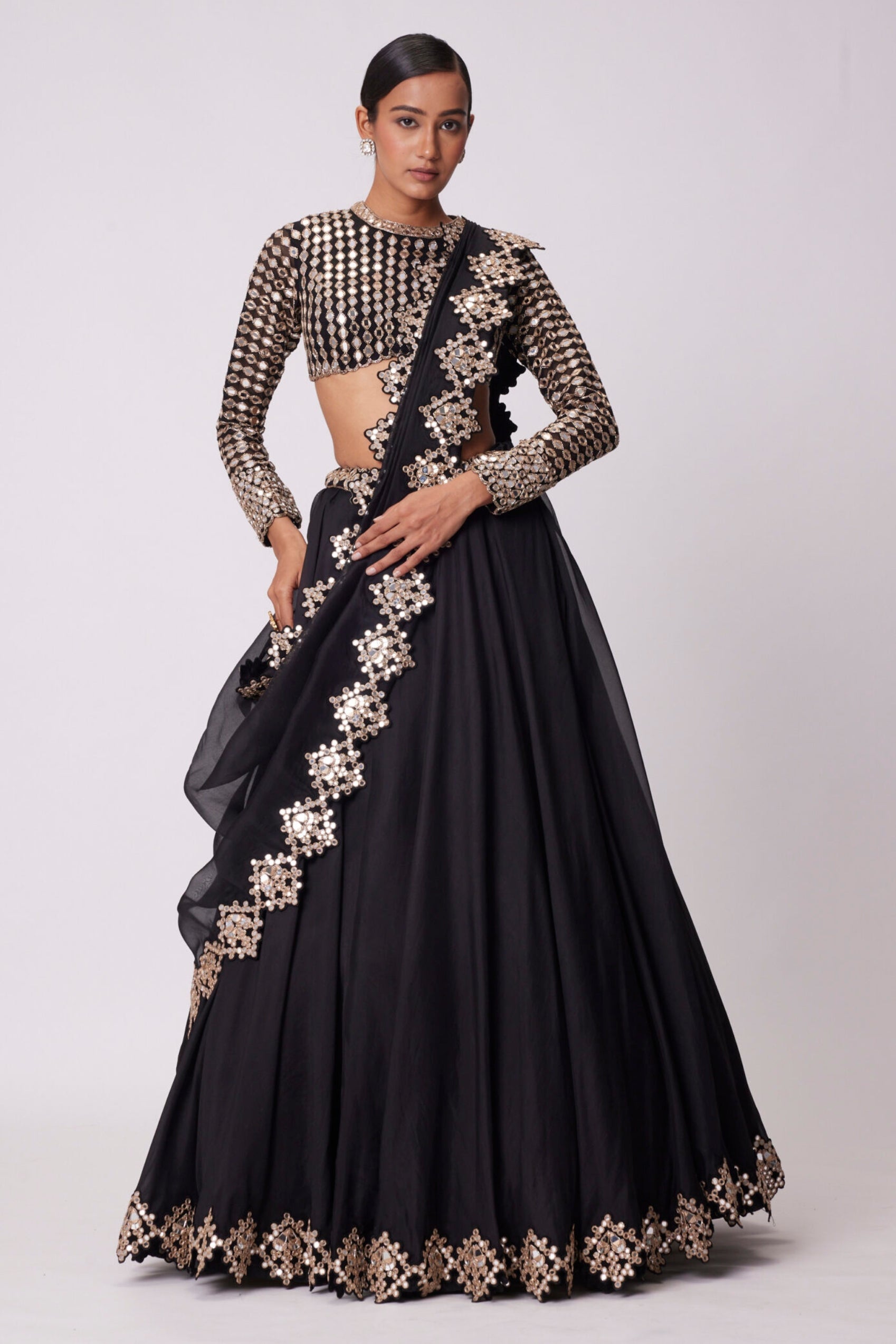 Black Organza Mirror Embroidered Lehenga Set