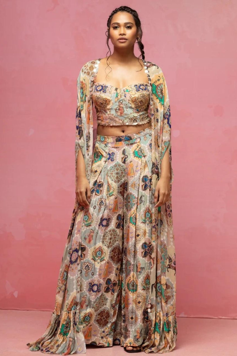 Cream Printed Corset And Cape Set