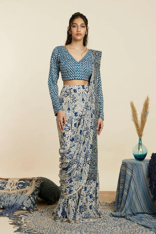 BLUE RUSSIAN SHARARA WITH EMBROIDERY BUSTIER AND BLUE LEAF PRINT HIGHLIGHTED CAPE