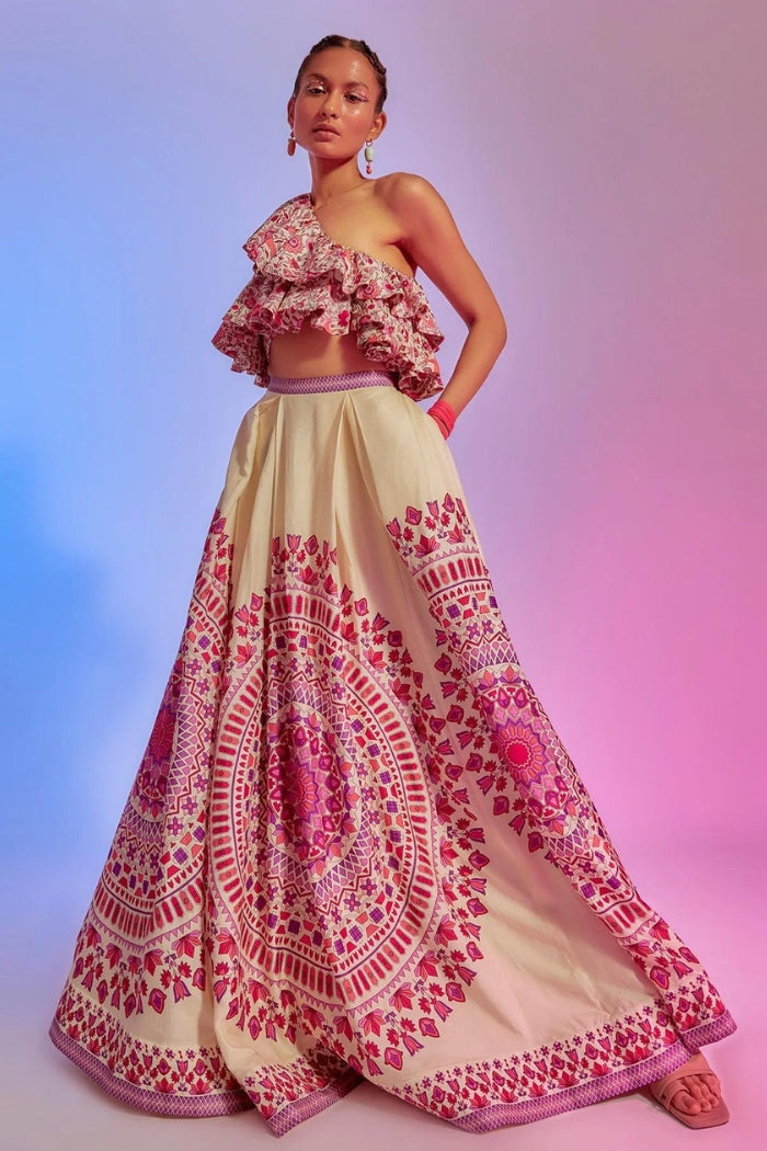 IVORY RAVI PRINT BOX PLEATED LEHENGA WITH IVORY SAANJH FLORAL FLOUNCY BLOUSE
