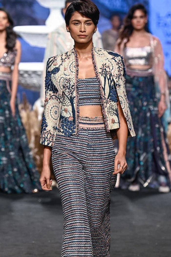 EMBROIDERED NOOR JACKET WITH SCALLOP BUSTIER AND SCALLOP PANTS