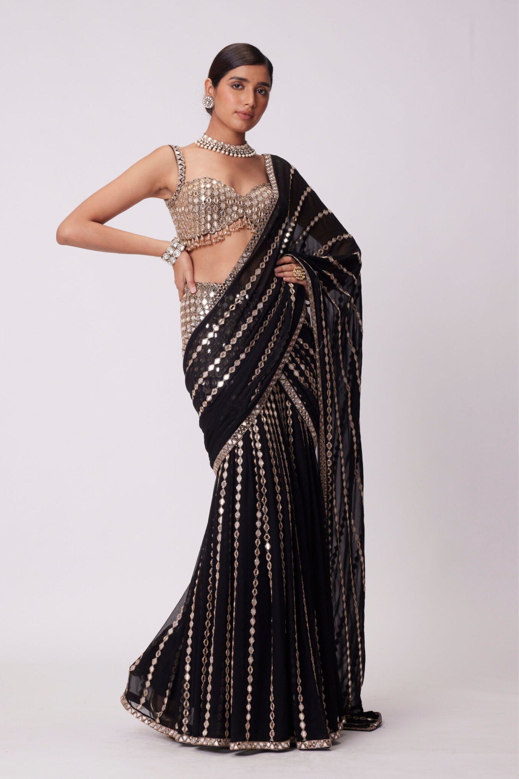 Black Pre Draped Hand Embroidered Saree Set
