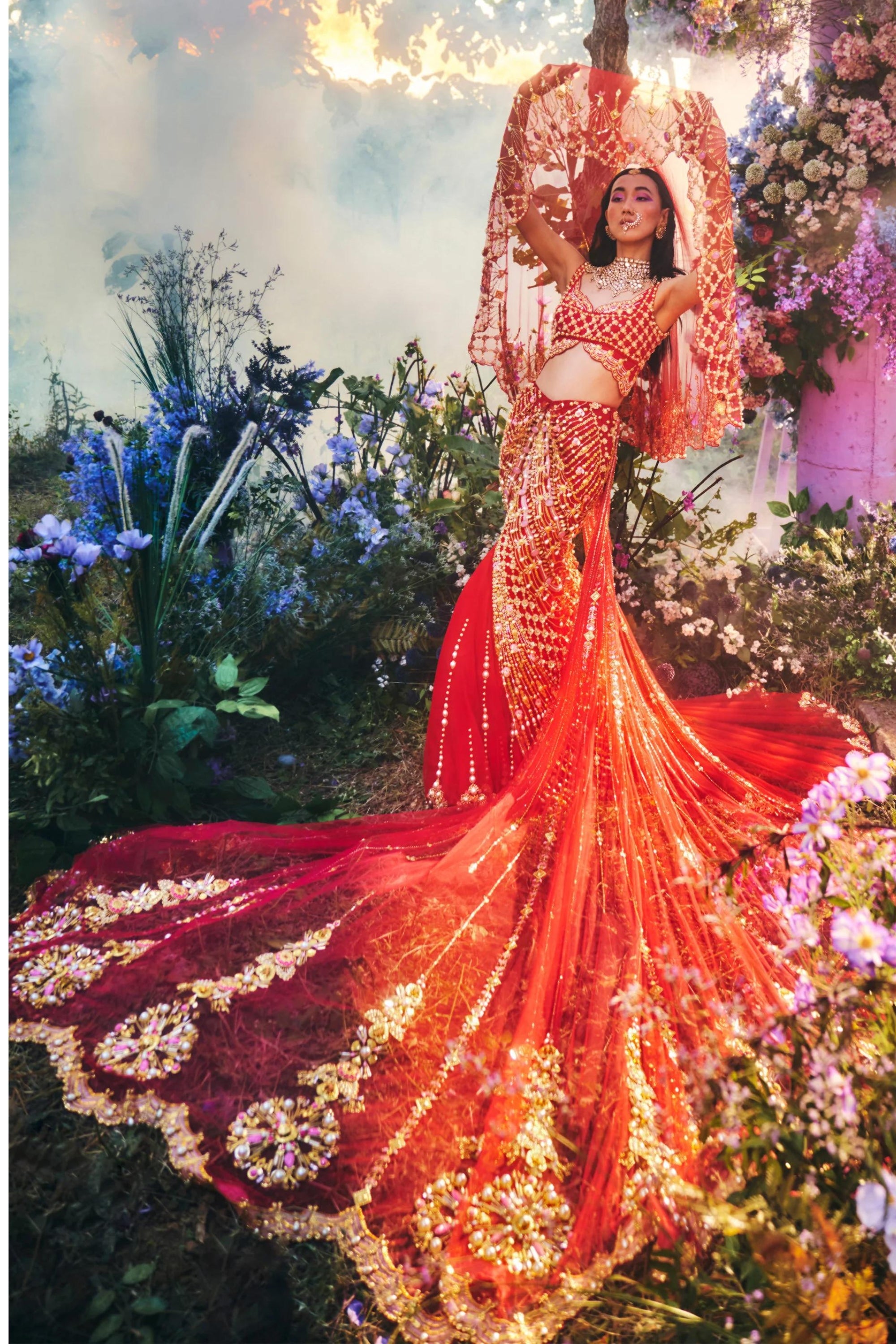 PORTIA - FIERY RED MERMAID CUT LEHENGA SET