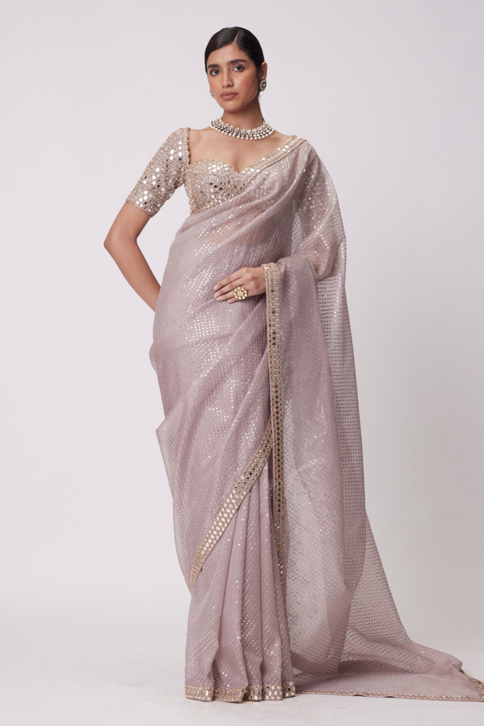 Ash Pink Organza Saree Set
