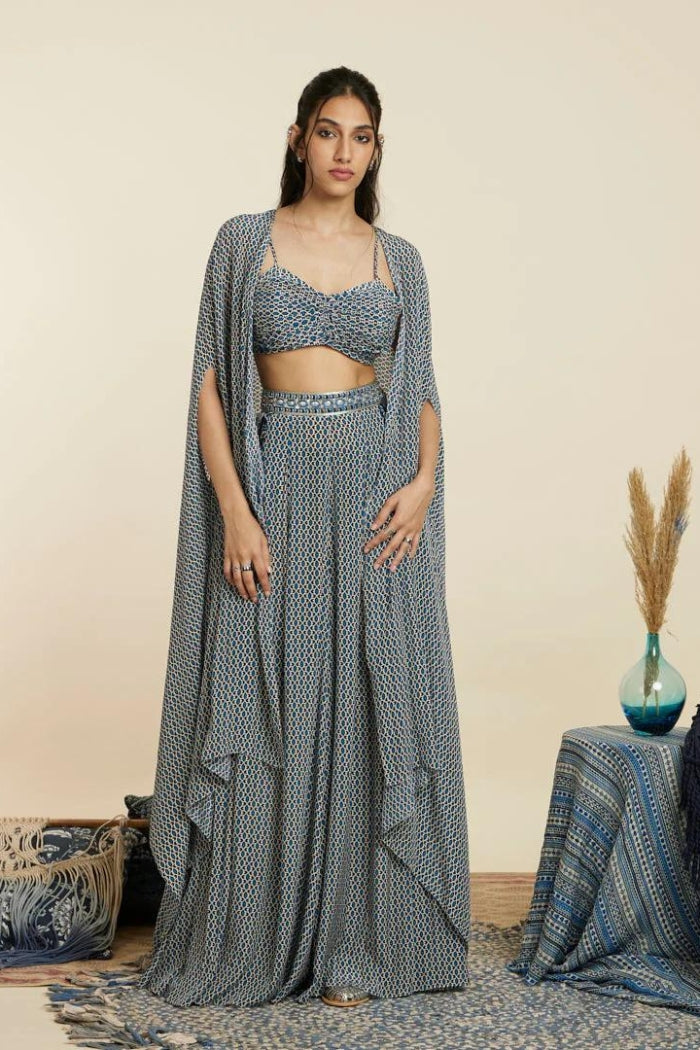 BLUE GEOMTRIC PRINT BIKINI BUSTIER SET