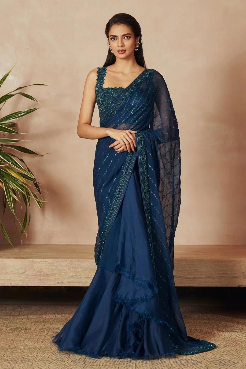 NAVY BLUE CHIFFON SAREE SET