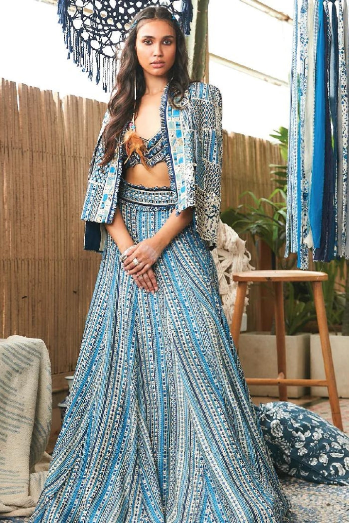 BLUE BOHO STRIPE PRINT HIGHLIGHTED LEHENGA SET