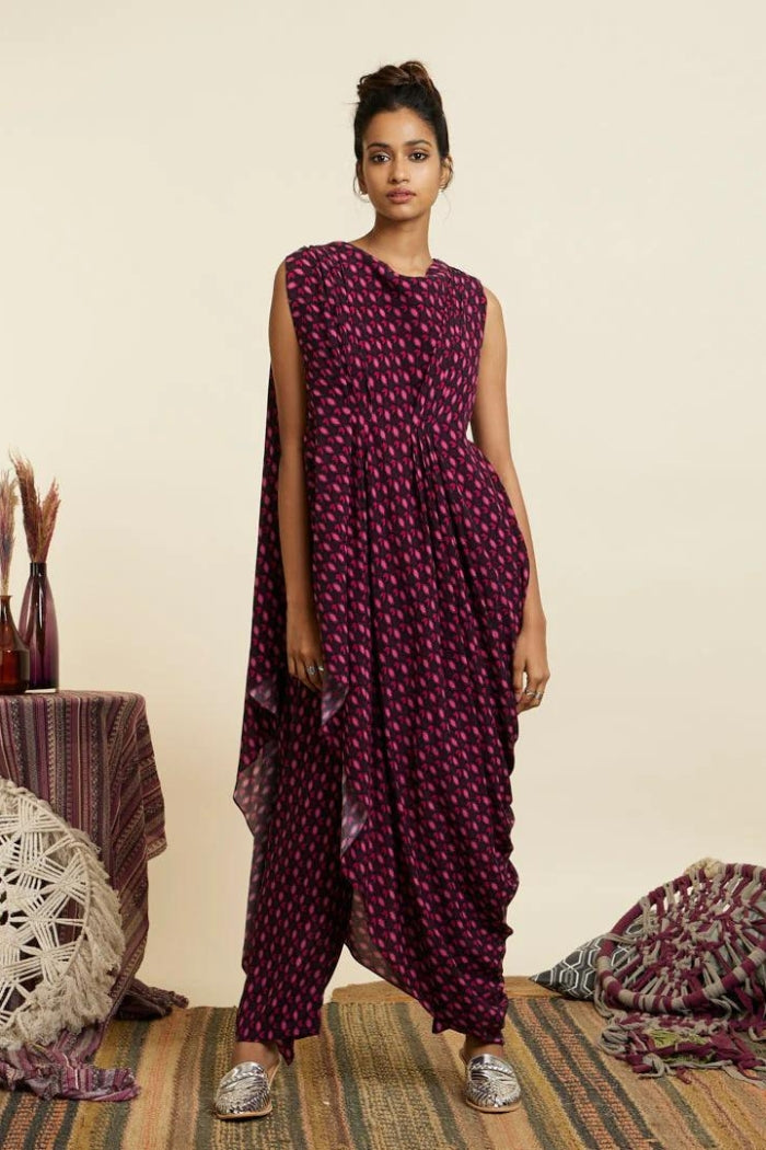 WINE GEOMETRIC PRINT CROP TOP ATTACHED DRAPE WITH PANTS