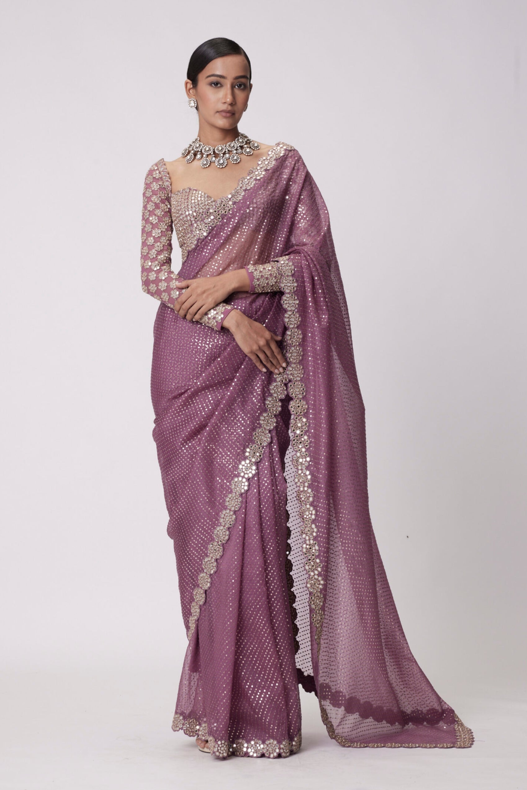 Mud Mauve Hand Embroidered Organza Saree Set