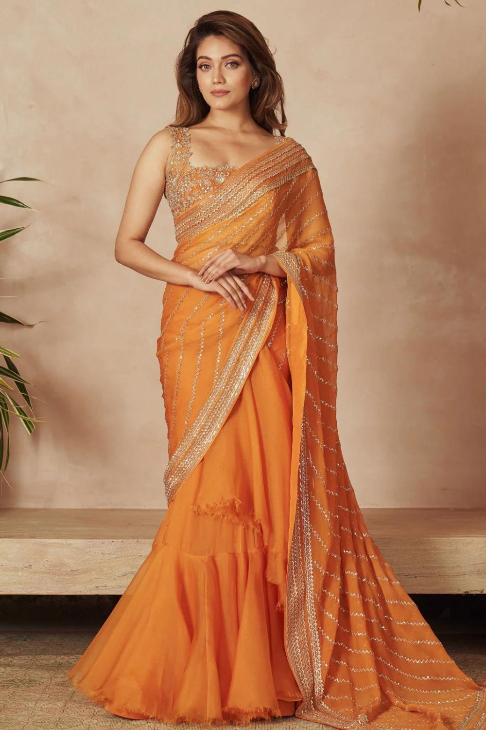 CORAL CHIFFON SAREE SET