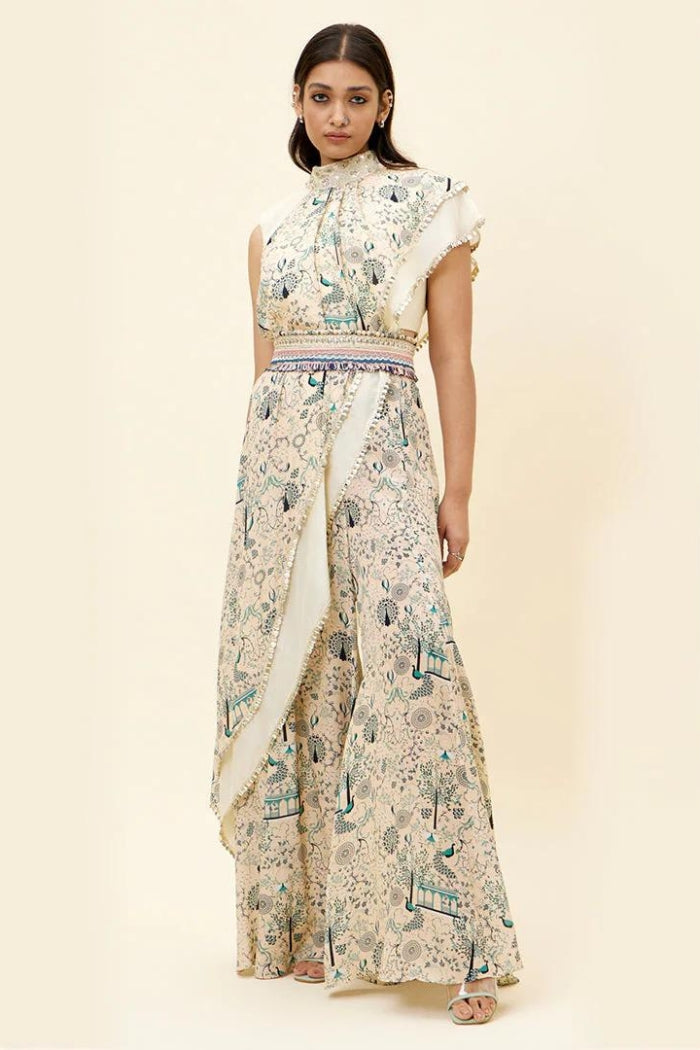 BEIGE CROP TOP WITH BEIGE MOR JAAL AND BEIGE SOLID DRAPE WITH BEIGE JAAL PRINT SHARARA PANTS AND EMB BELT