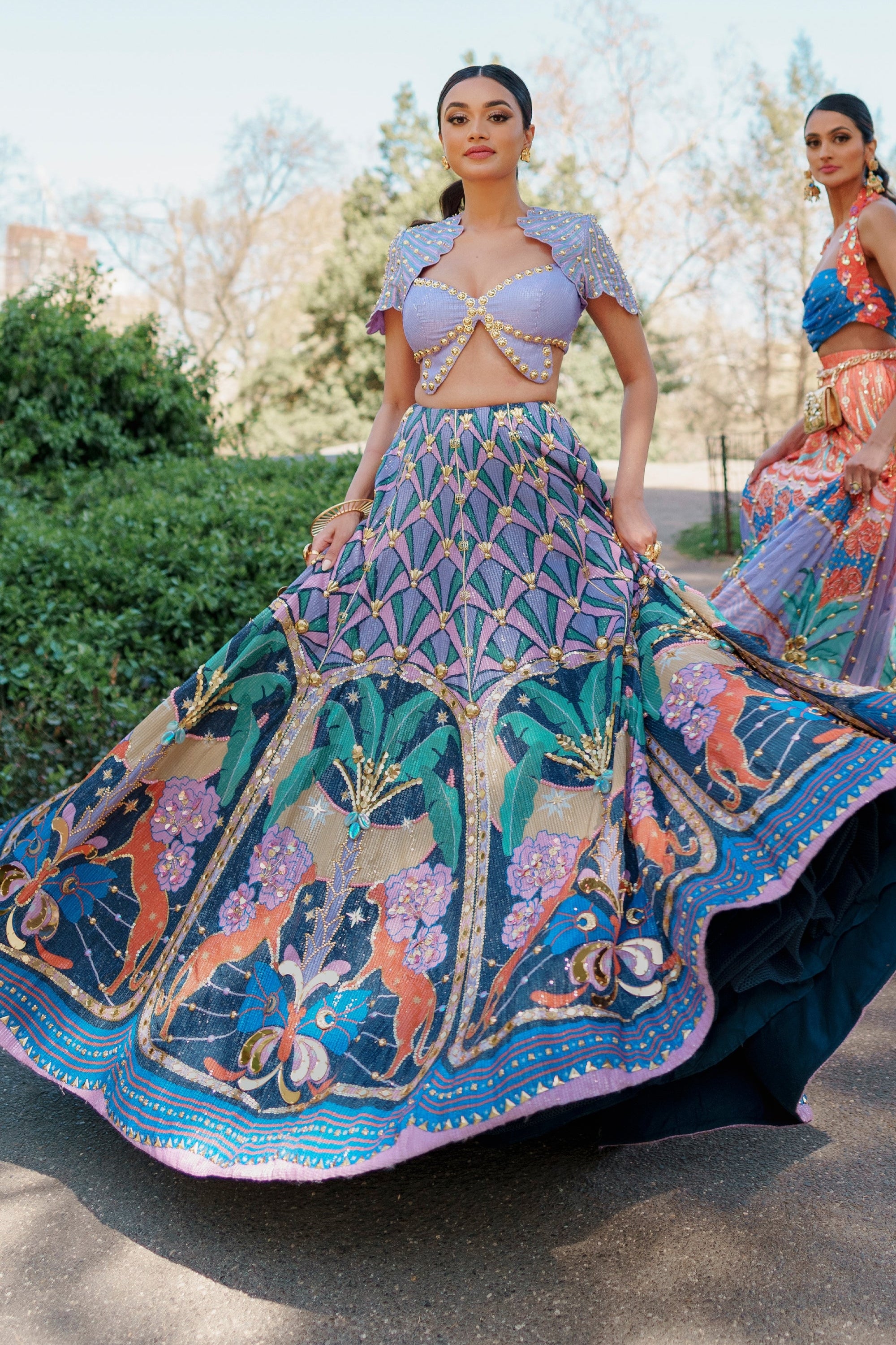 LYONS- TROPICAL BLUE PRINTED AND EMBELLISHED FULL LEHENGA