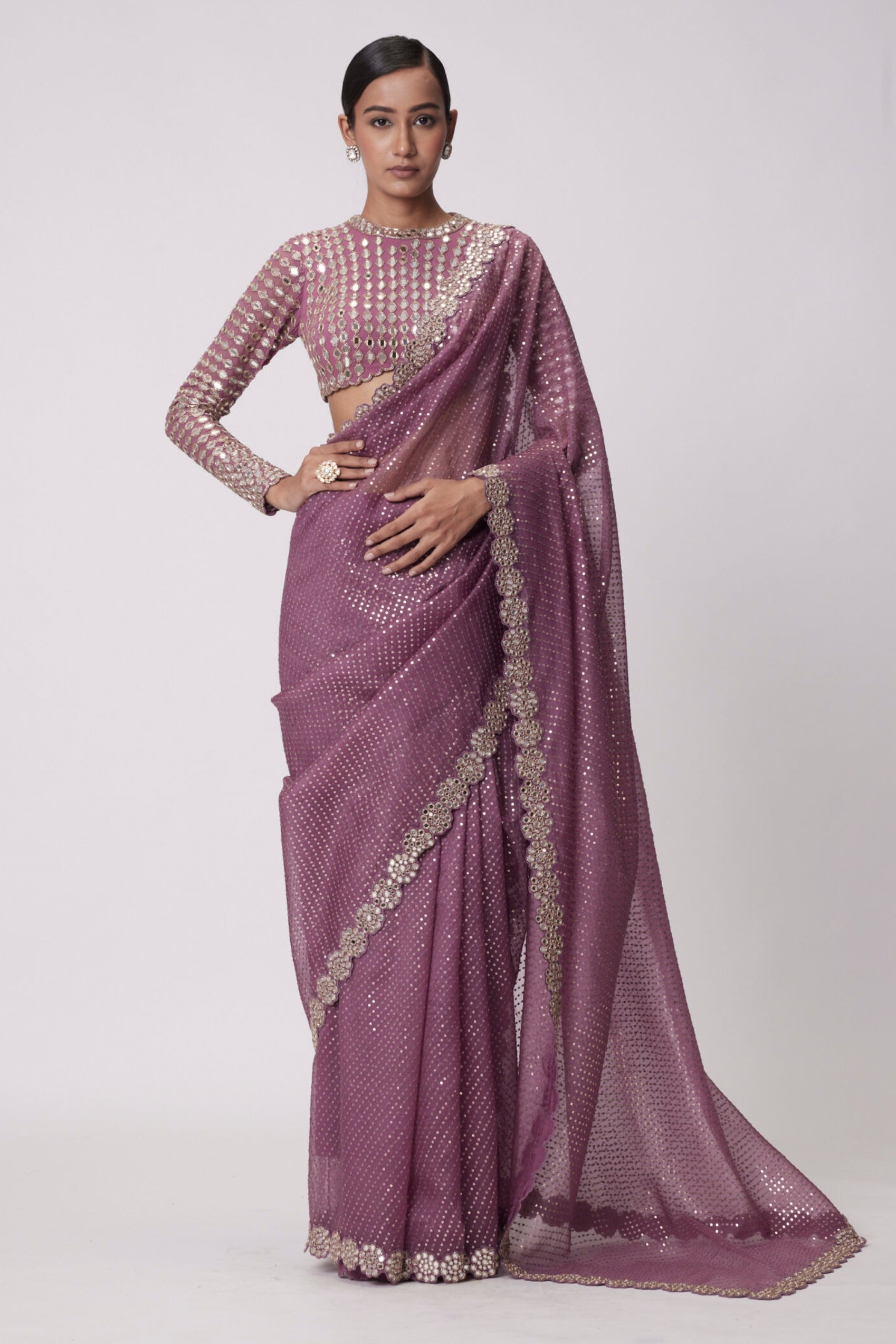 Mud Mauve Hand Embroidered Saree Set