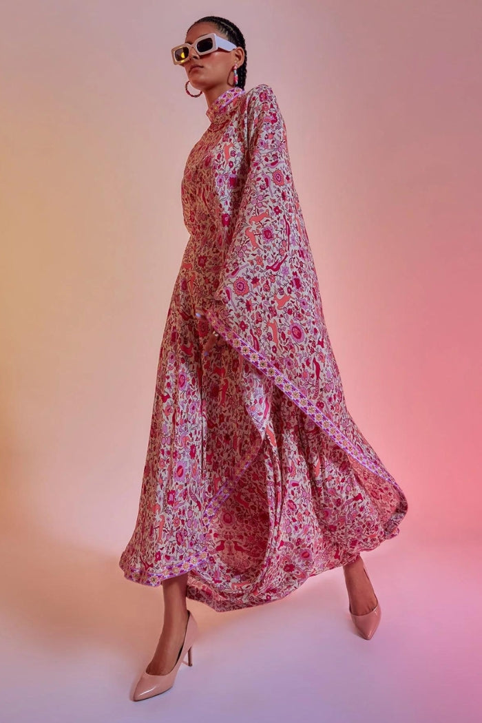 IVORY SAANJH FLORAL PRINT DRAPE SAREE WITH EMBROIDERED BORDER TEAMED WITH A PRINTED DRAPE SKIRT