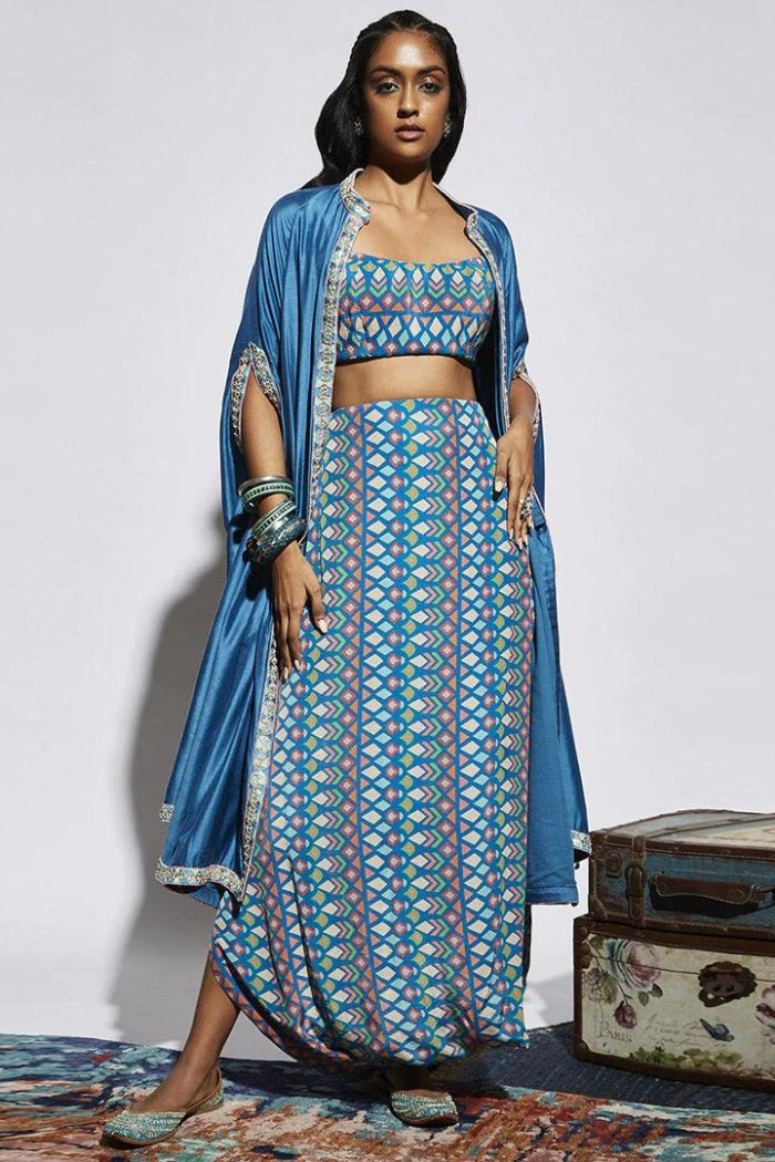 BLUE CAPE WITH BLUE GEO PRINT DRAPE SKIRT