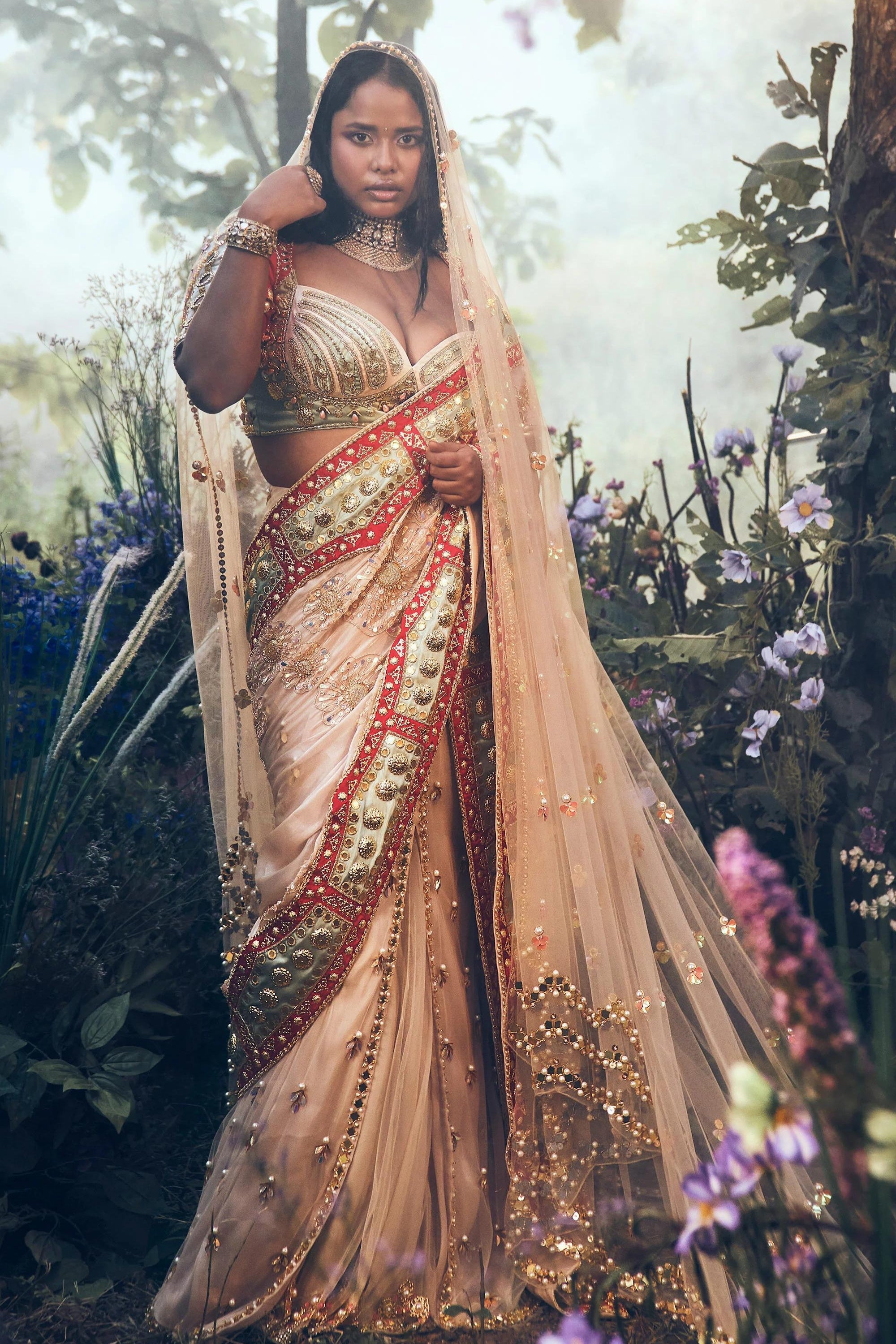 IVORY & RED SAREE SET