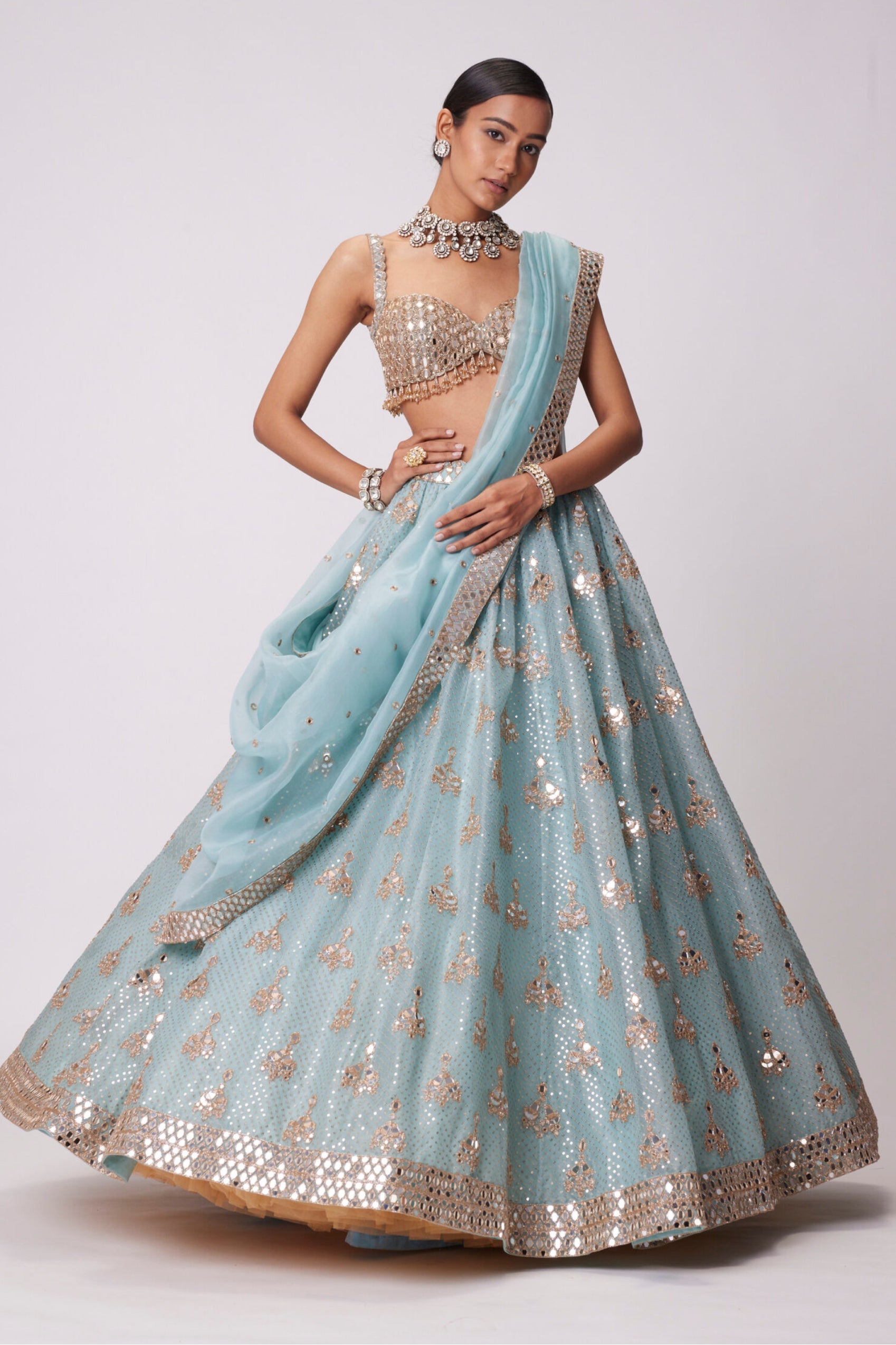 Powder Blue Organza Sequin Embroidered Lehenga Set