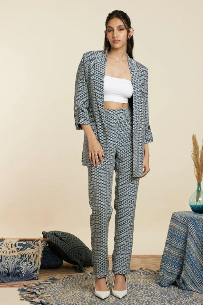 BLUE BOHO STRIPE PRINT STRIPE PRINT BLAZER SET