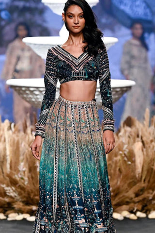 BOHEMIAN STRIPE PRINT LEHENGA TEAMED WITH BUSTIER AND PATCHWORK NOOR JACKET