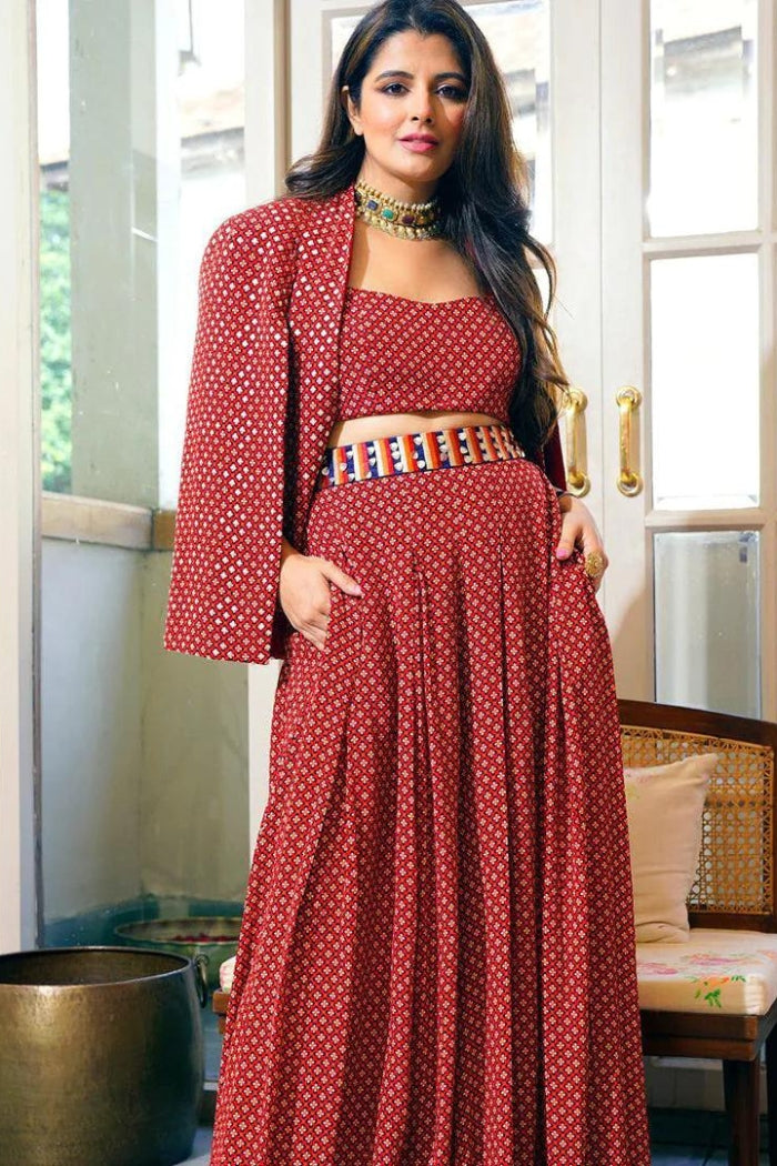 RED GEO PRINT BOX PLETAED PANTS WITH ARYA BUSTIER WITH RED GEO PRINT EMBELIIESHED NOOR JACKET